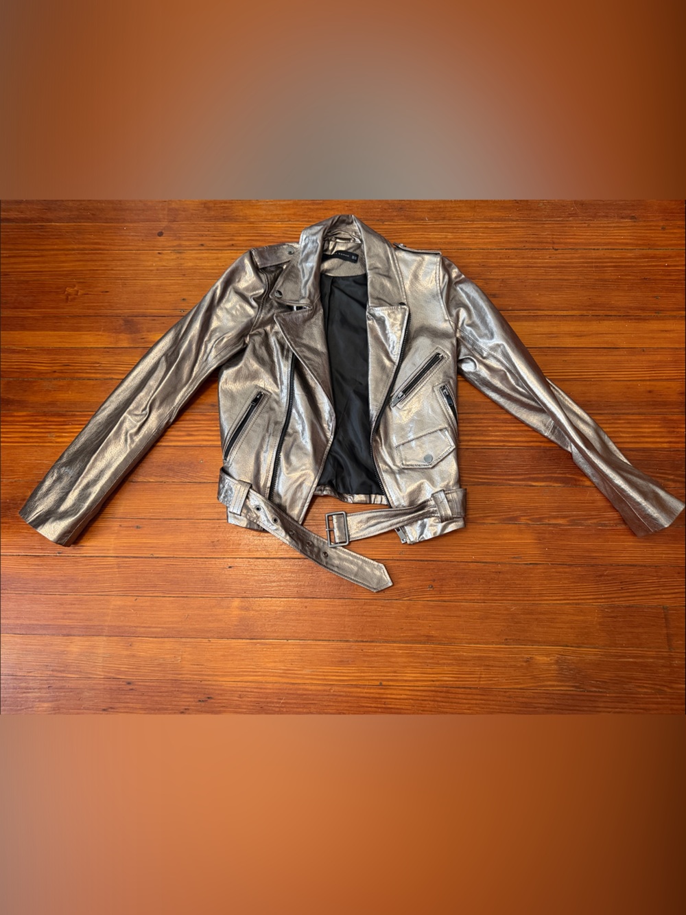 Zara Metallic Silver Genuine Leather Biker Jacket with Belt XS